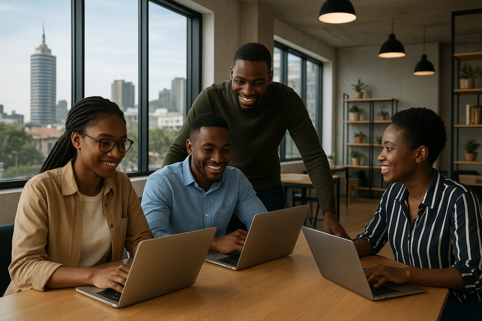 Digital Nomads collaborating in a modern African co-working space, showcasing talent staying home and innovation in Africa