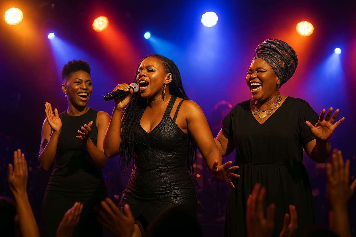 Amanda Black love on stage with Lira and Thandiswa Mazwai, fans cheering passionately