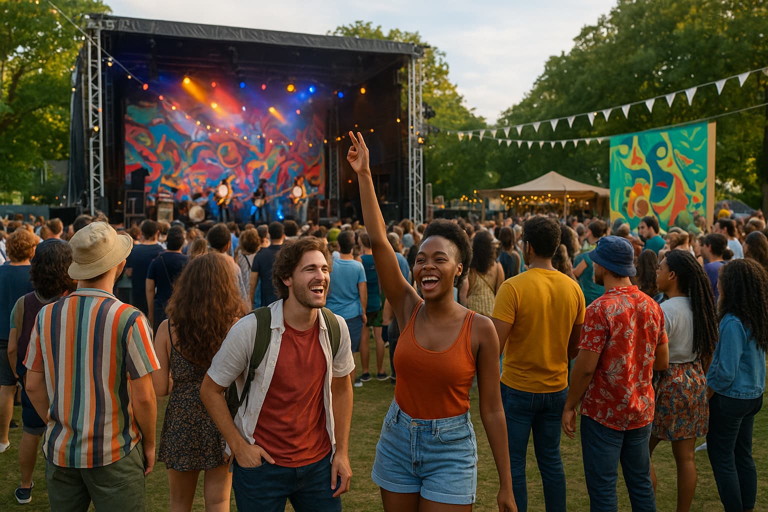 YX25 Festival crowd enjoying live music and colorful art installations outdoors