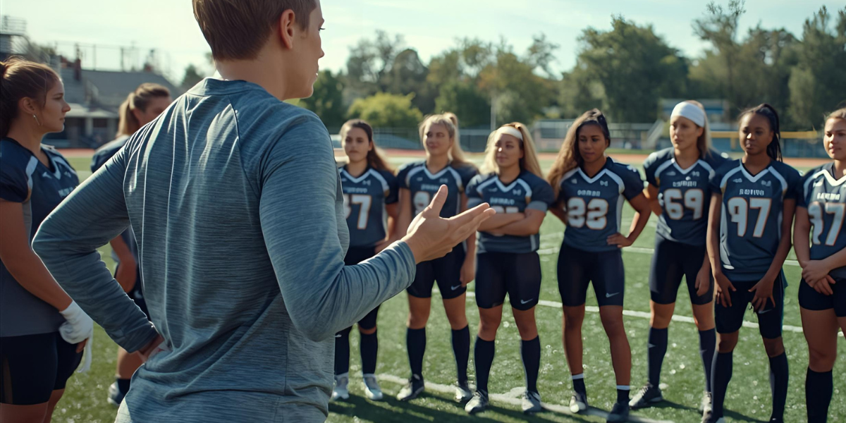 Liberia Women's Football: Empowering female football coach motivating her team on the field, illustrating teamwork and discipline.