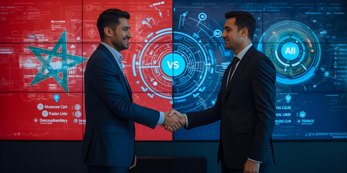 AI partnership handshake between Morocco and France leaders with futuristic AI data background