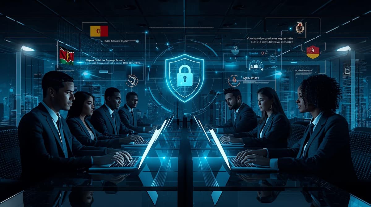 Cybersecurity Cooperation: Create a realistic, high-tech image showing a collaborative cybersecurity environment between Kenya and Romania. Include professionals working with laptops, digital network graphics, shields, and padlocks representing security. Incorporate subtle Kenyan and Romanian flags. Add visual elements representing legal frameworks, innovation hubs, and data protection, showing education, research, and public awareness campaigns. The scene should look modern, professional, and trustworthy, without any copyrighted logos.